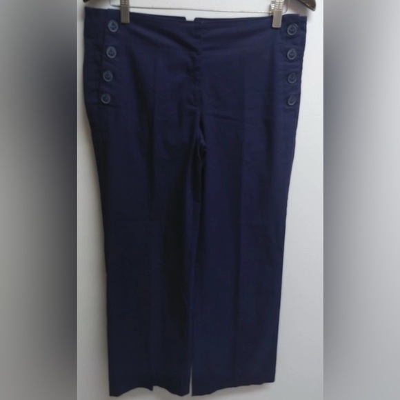 Ann Taylor Loft Women Wide Leg Pants Blue Navy Stretch Buttons Pocket 4 - Picture 1 of 12
